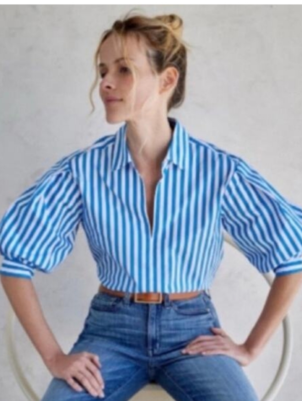 AYR Capeside Striped Puff Sleeve V-neck Popover Top Blue Stripe Women'a Small - Picture 2 of 10